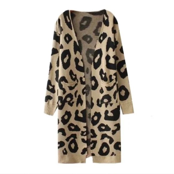 angashion Sweaters - Angashion Knit Leopard Long Cardigan Brown & Black Size Small